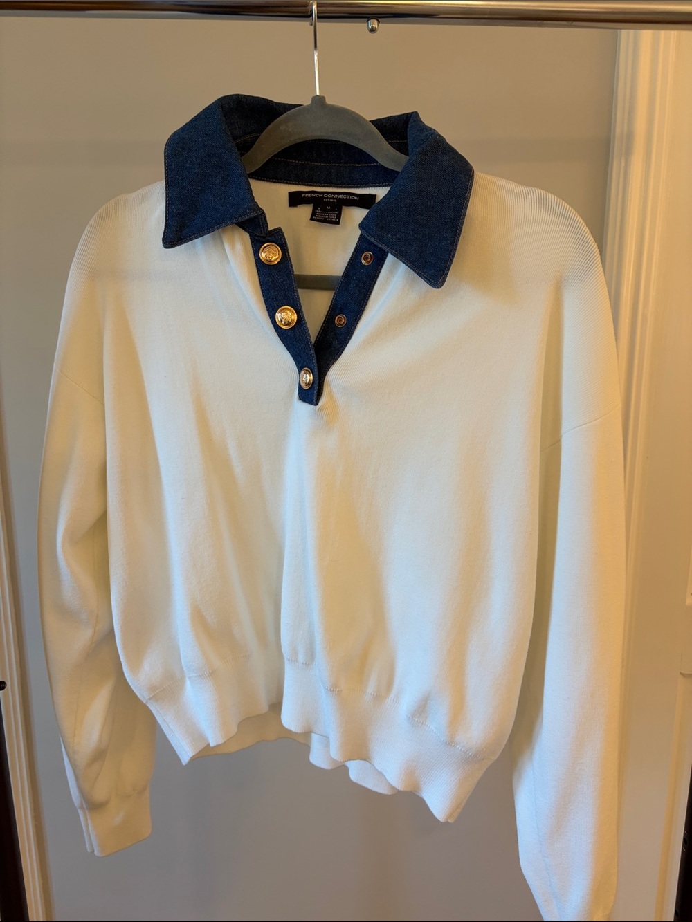 French Connection Cream V-Neck Sweater with Blue Contrast Collar